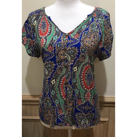 Blue Rain ~ Short Sleeve Blouse ~ Size Small ~ Multicolor - Picture 1 of 6
